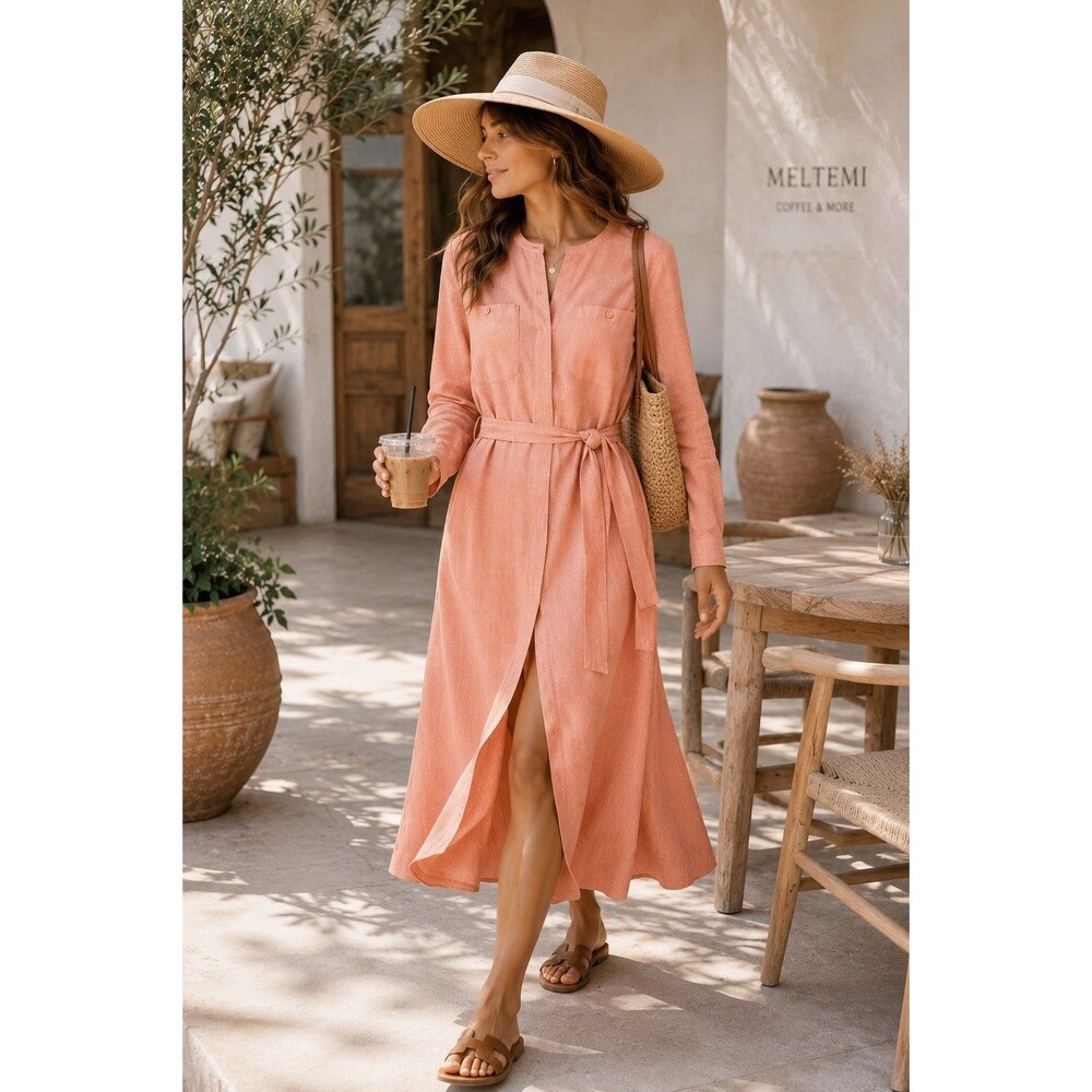 100% Silk Textured Midi Dress     Peach Blush Belted Pockets Size 8 - Picture 13 of 13